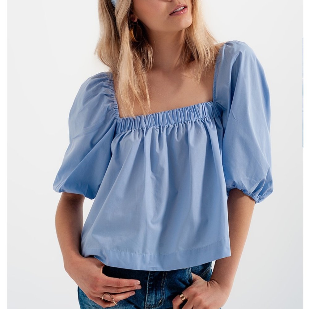 Q2 Blue Balloon Sleeve‎ Cotton Top